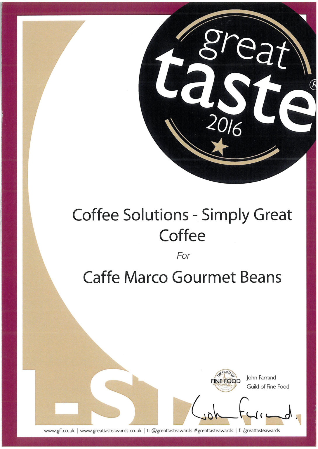 Winners of 2016 Great Taste Award Simply Great Coffee